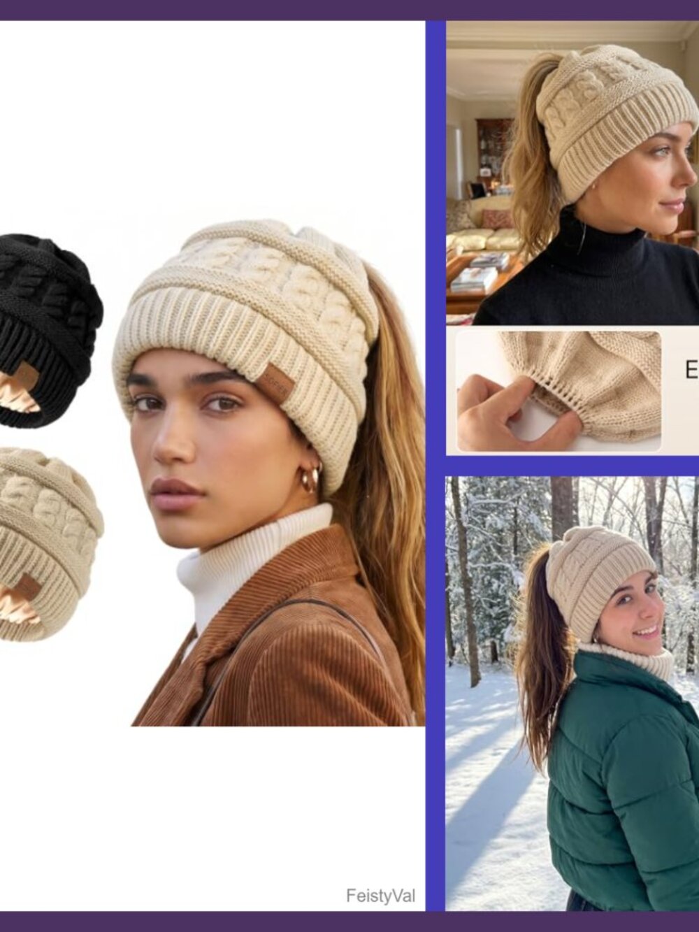 2 Pack Women's Ponytail Beanie Satin Lined Cable Knit Winter Hat